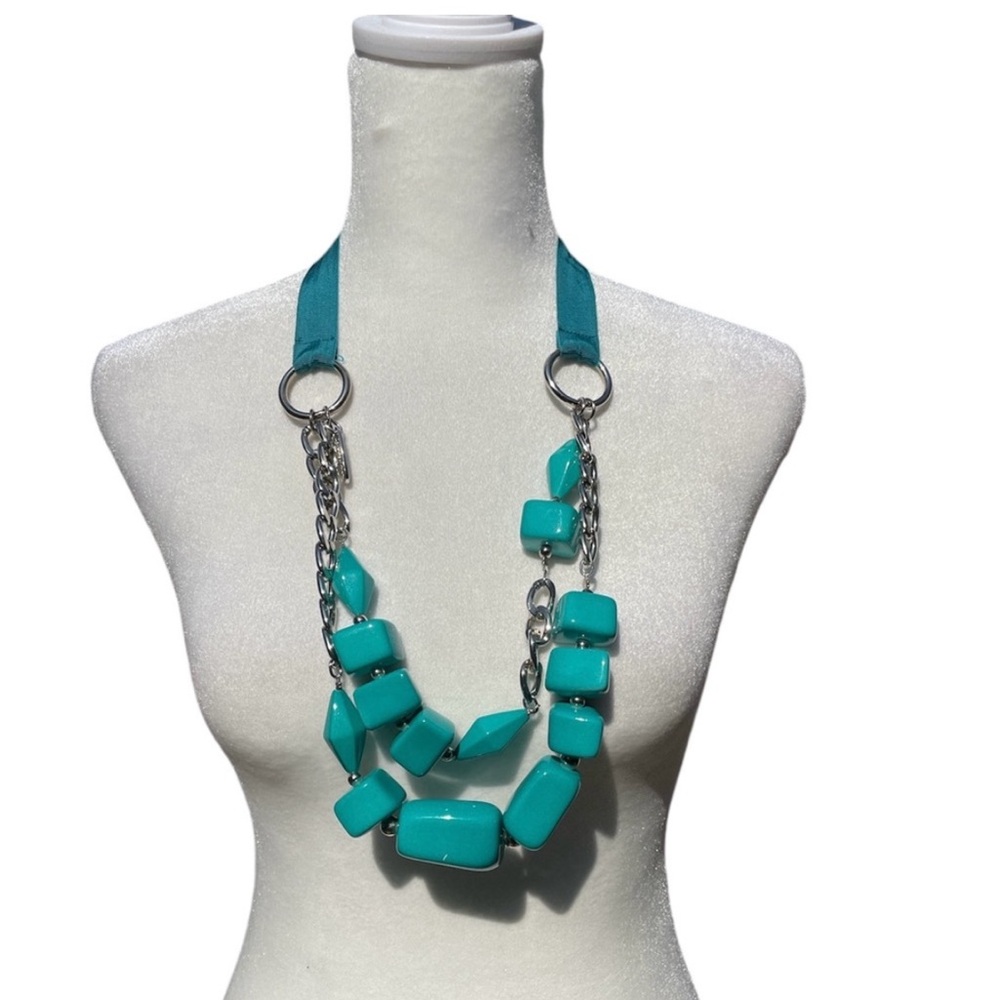 Max Mara Necklace Chunky 2 Strand Turquoise BeadsSigned Ribbon